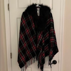 J. Crew Multicolor Plaid Poncho with Faux Fur Trim